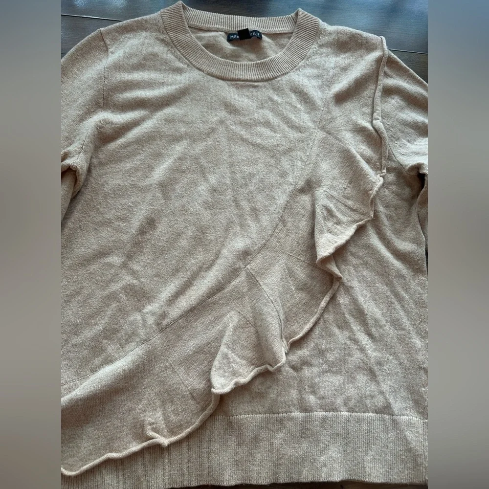 J.Crew Mercantile Tan Ruffle Sweater | Size Small | Wool Blend Pullover